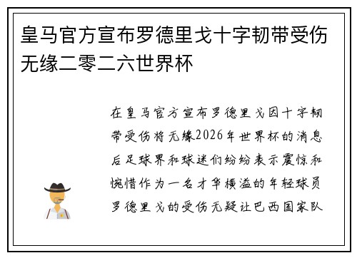 皇马官方宣布罗德里戈十字韧带受伤无缘二零二六世界杯